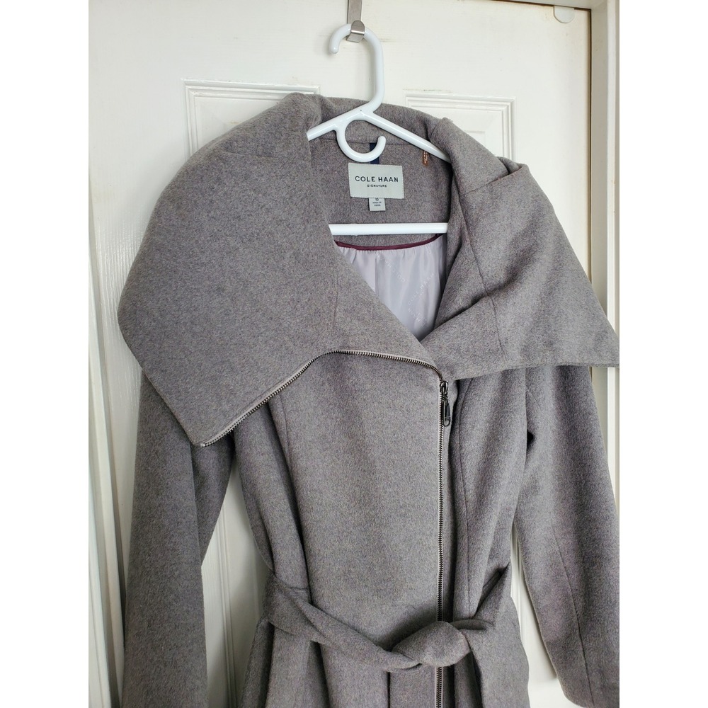 Cole Haan Signature Coat Grey Wool Blend Asymmetric Zip Wrap Belted Size 10
